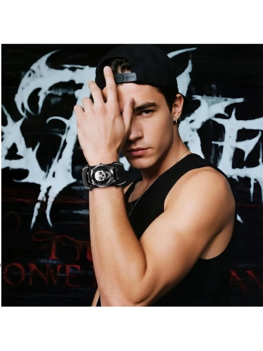 Men's Black Analog Quartz Steampunk Leather Gothic Skull Wide Cuff Wrist Watch